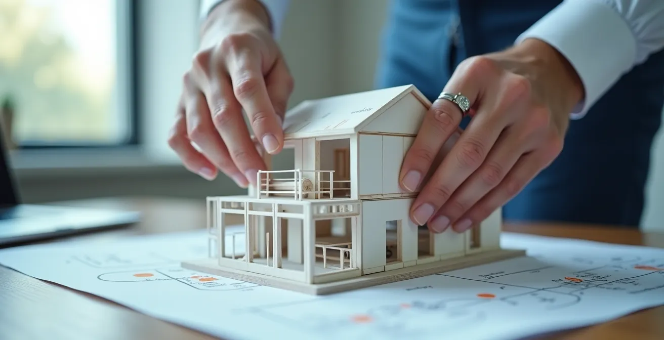 Mains d'expert analysant une maquette de bâtiment tertiaire