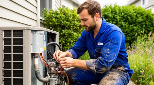 Technicien chauffagiste réglant une pompe à chaleur extérieure sur chantier résidentiel