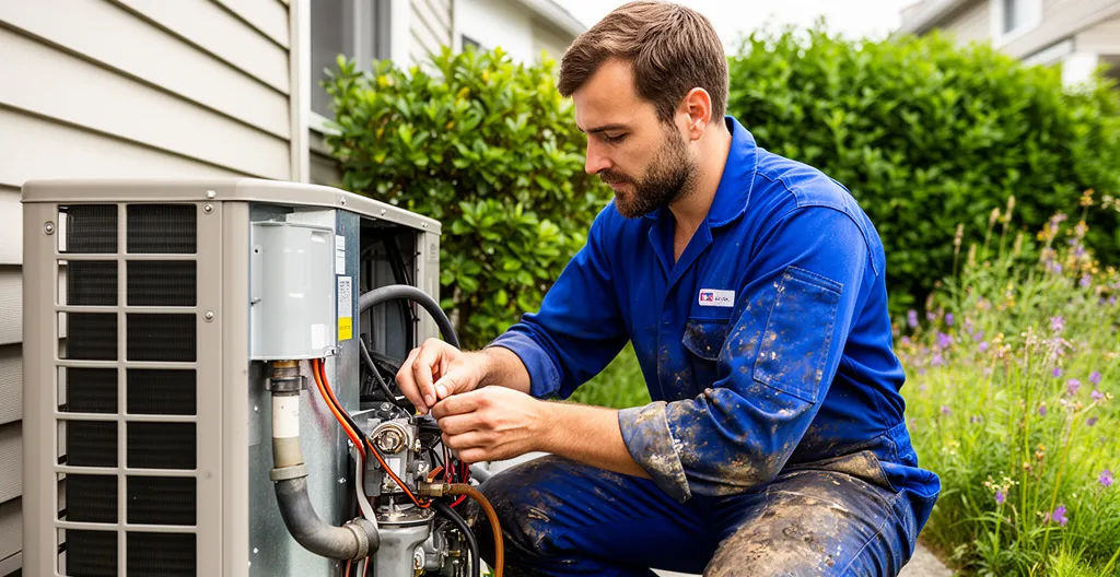 Technicien chauffagiste réglant une pompe à chaleur extérieure sur chantier résidentiel