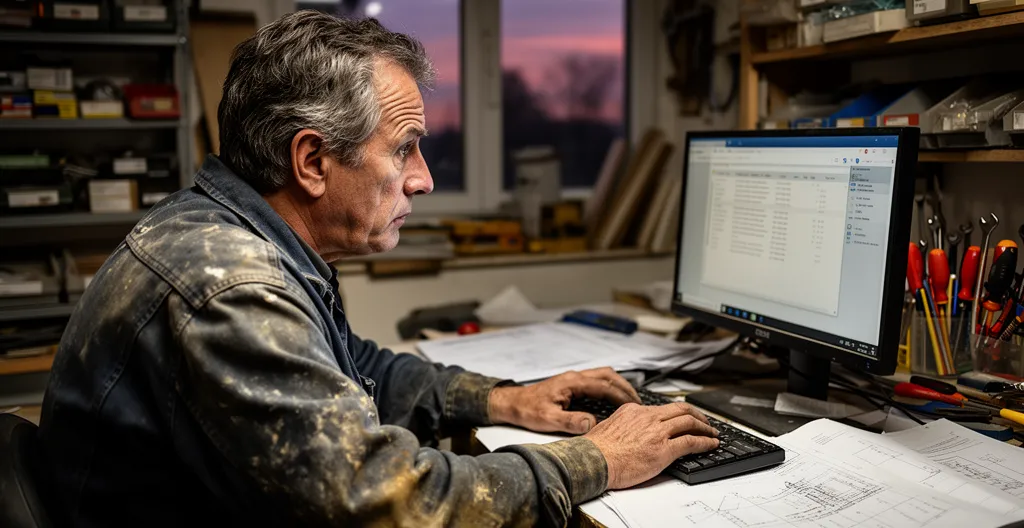 Artisan en tenue de travail concentré devant son ordinateur en fin de journée
