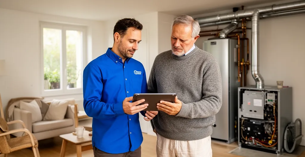 Artisan présentant un document à un propriétaire devant équipement de chauffage installé