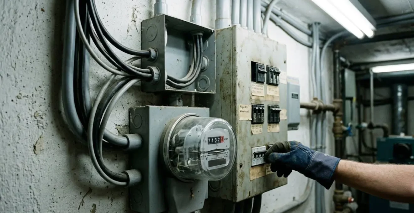 Compteur électrique et tableau de distribution dans un local technique d'immeuble, main d'un technicien visible en bord de cadre