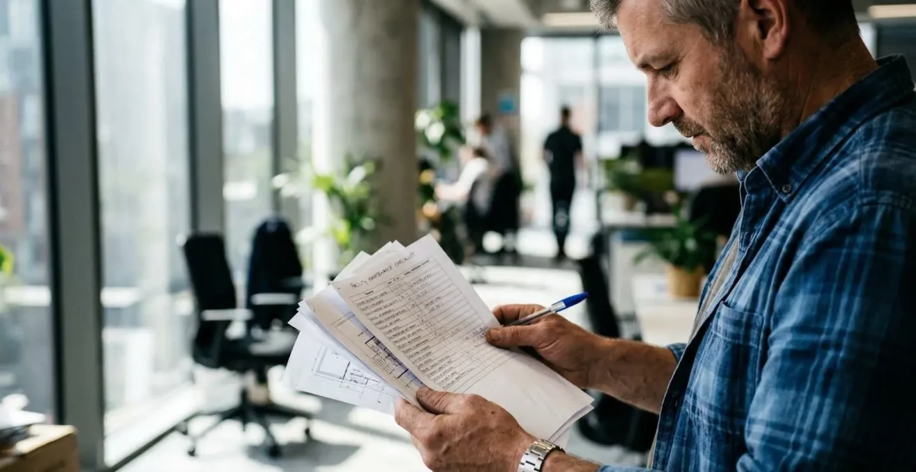 Un gestionnaire d'immeuble consulte des documents techniques dans un espace de travail lumineux, vu de profil