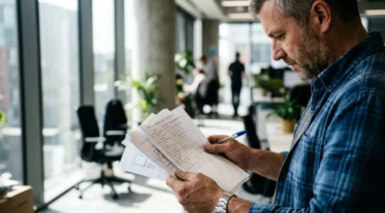 Un gestionnaire d'immeuble consulte des documents techniques dans un espace de travail lumineux, vu de profil