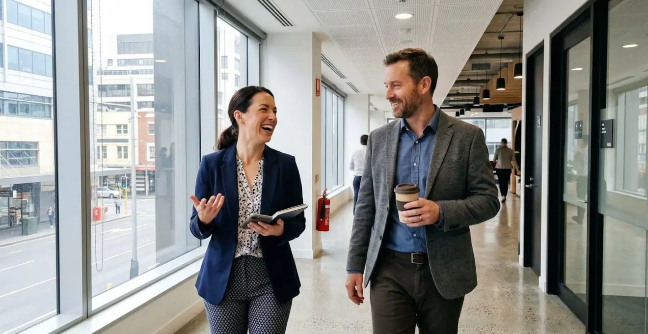 Deux professionnels discutent debout dans un couloir d'immeuble de bureaux moderne, lumière naturelle