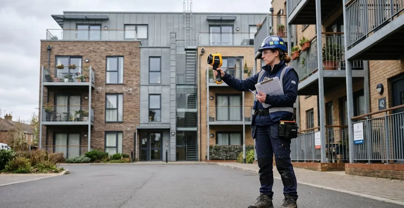 Technicien réalisant un audit énergétique dans les parties communes d'un immeuble en copropriété