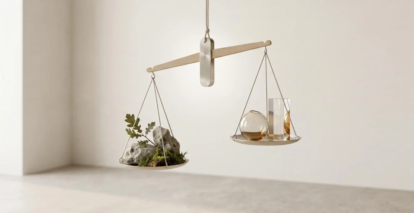 Balance en bois clair suspendue dans un espace minimaliste, avec des éléments naturels bruts d'un côté et des formes géométriques translucides de l'autre, baignée de lumière naturelle douce
