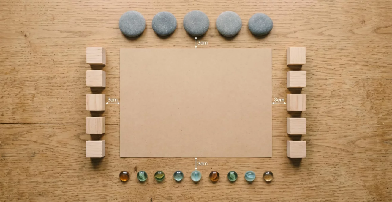 Vue aérienne d'un bureau en bois avec une feuille vierge au centre, entourée symétriquement de galets gris, cubes en bois et billes de verre colorées triés par taille