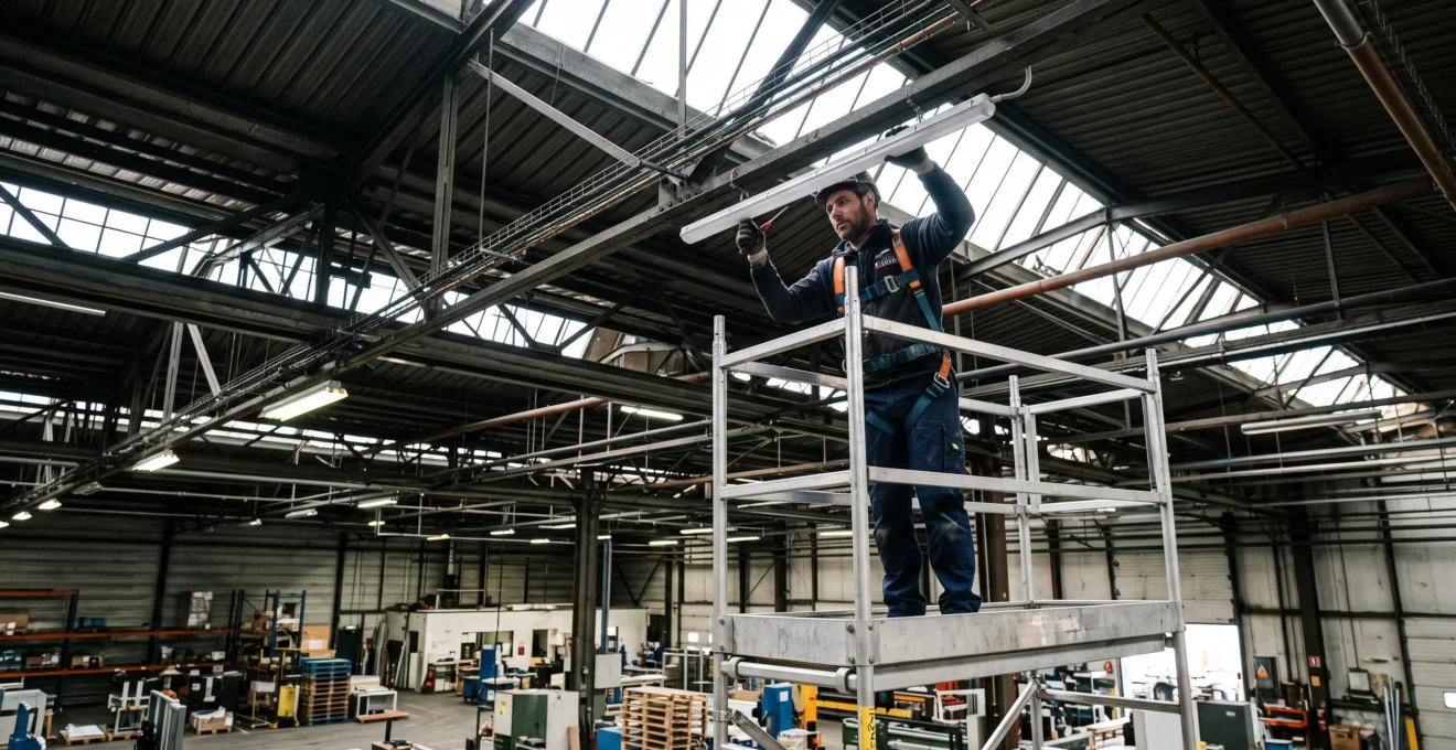 Électricien sur plateforme élévatrice installant des luminaires LED industriels au plafond d'un entrepôt à grande hauteur