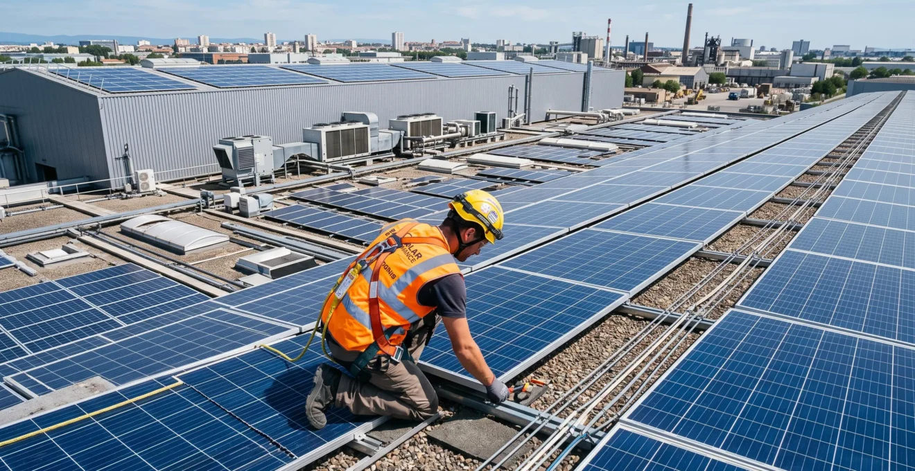 Ouvrier en tenue de protection installant des panneaux d'isolation thermique sur le mur intérieur d'un bâtiment industriel