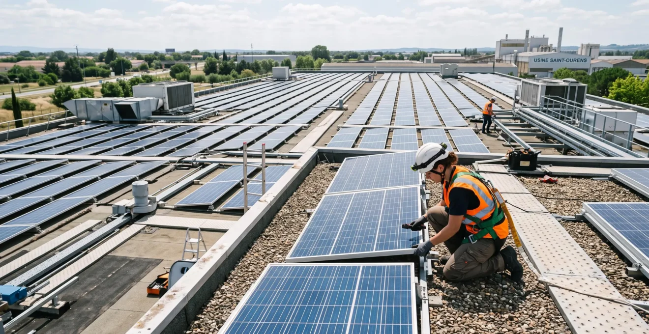 Technicien en équipement de sécurité travaillant sur une installation de panneaux solaires photovoltaïques sur le toit d'un bâtiment industriel