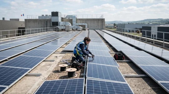 Technicien en tenue de travail effectuant un contrôle de maintenance sur une chaudière industrielle moderne dans une salle technique