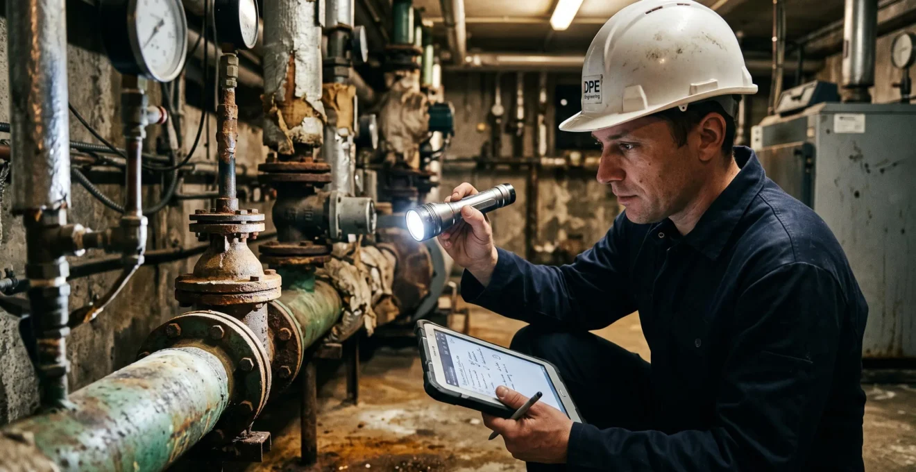 Un ingénieur bâtiment inspecte à la lampe torche les canalisations de chauffage vétustes d'une cave d'immeuble collectif.