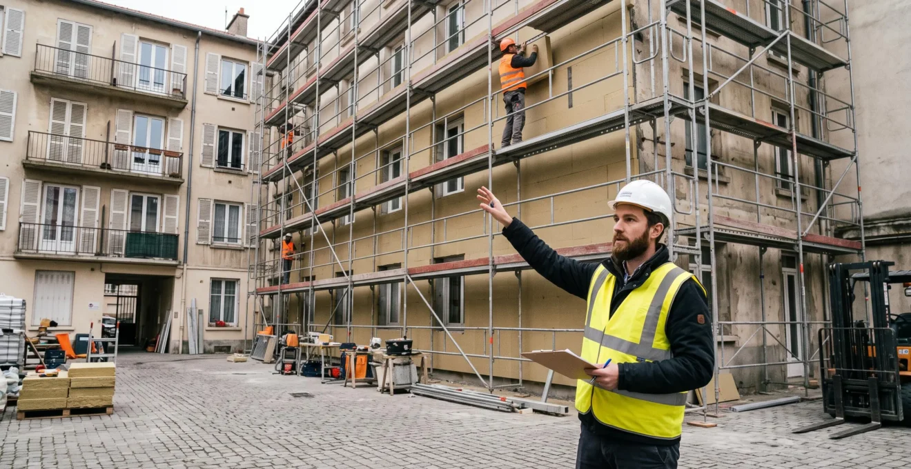 Un conducteur de travaux surveille l'installation d'un isolant extérieur sur la façade d'un immeuble en copropriété échafaudé.
